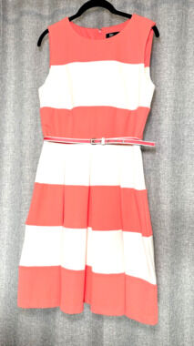 Be By Chetta B Dress 10 Candy Striper 50s Fit and Flare Striped Belted Retro